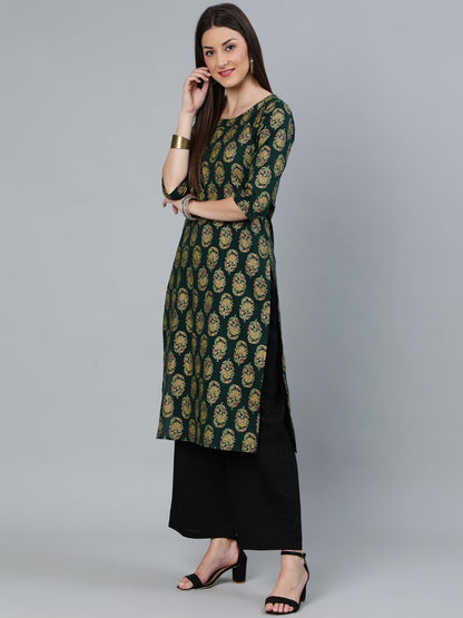 Women's Dark Green & Gold Printed Straight Kurta With Round Neck & Three Qauter Sleeves