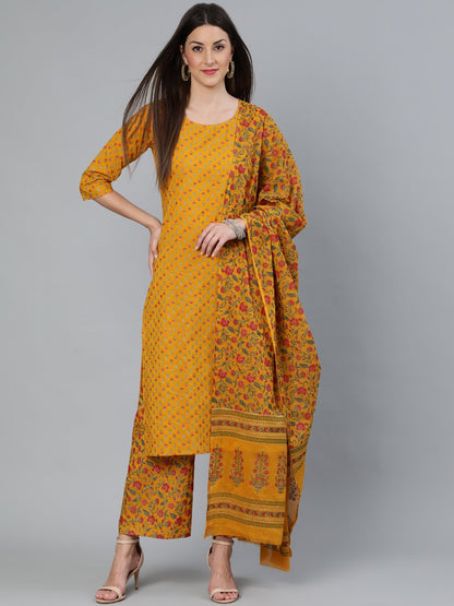 Women's Mustard & Gold Printed Straight Kurta With Plazzo  & Dupatta