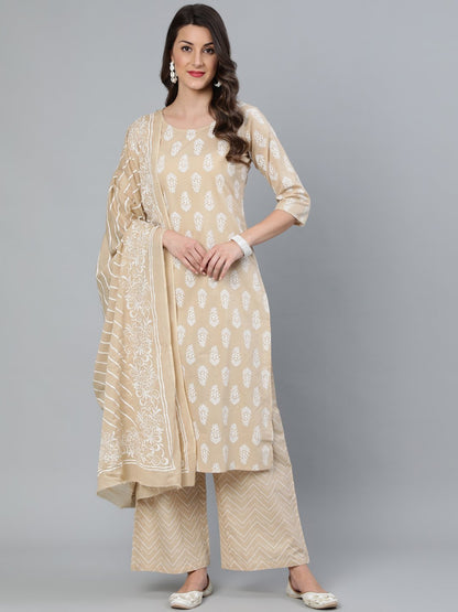 Women's Beige Printed Straight Kurta With Plazo & Dupatta