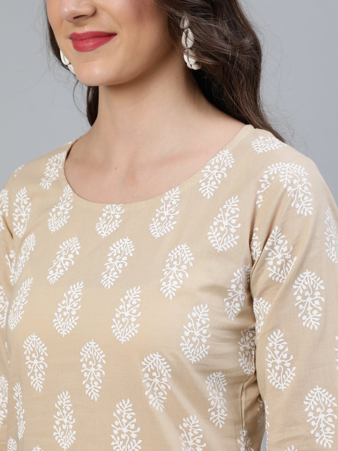 Women's Beige Printed Straight Kurta With Plazo & Dupatta