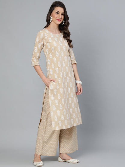 Women's Beige Printed Straight Kurta With Plazo & Dupatta