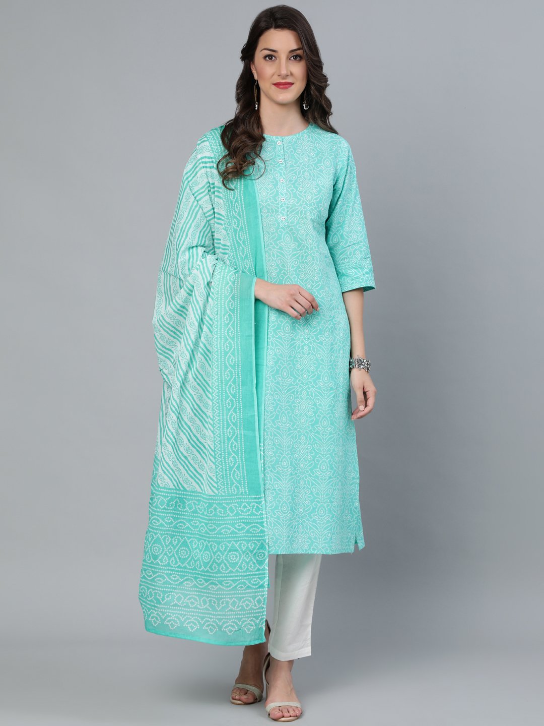 Women's Green Printed Straight Kurta Wiith Plazo & Dupatta