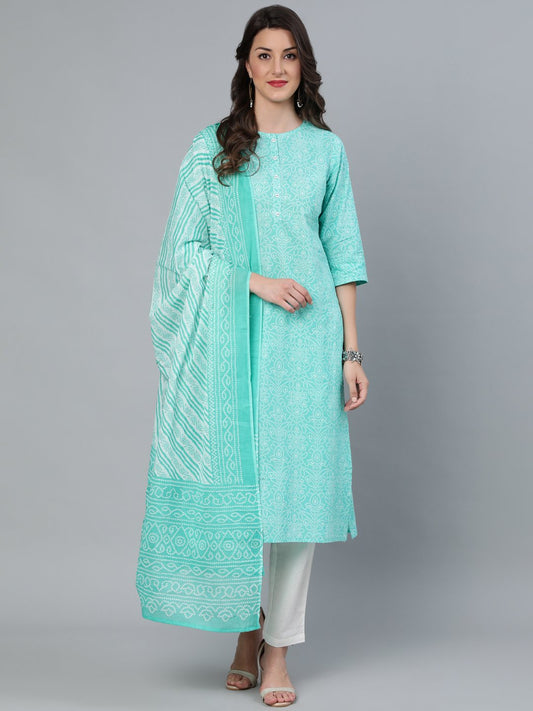 Women's Green Printed Straight Kurta Wiith Plazo & Dupatta