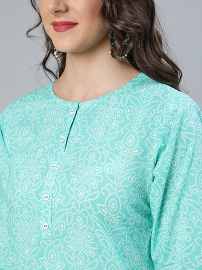 Women's Green Printed Straight Kurta Wiith Plazo & Dupatta
