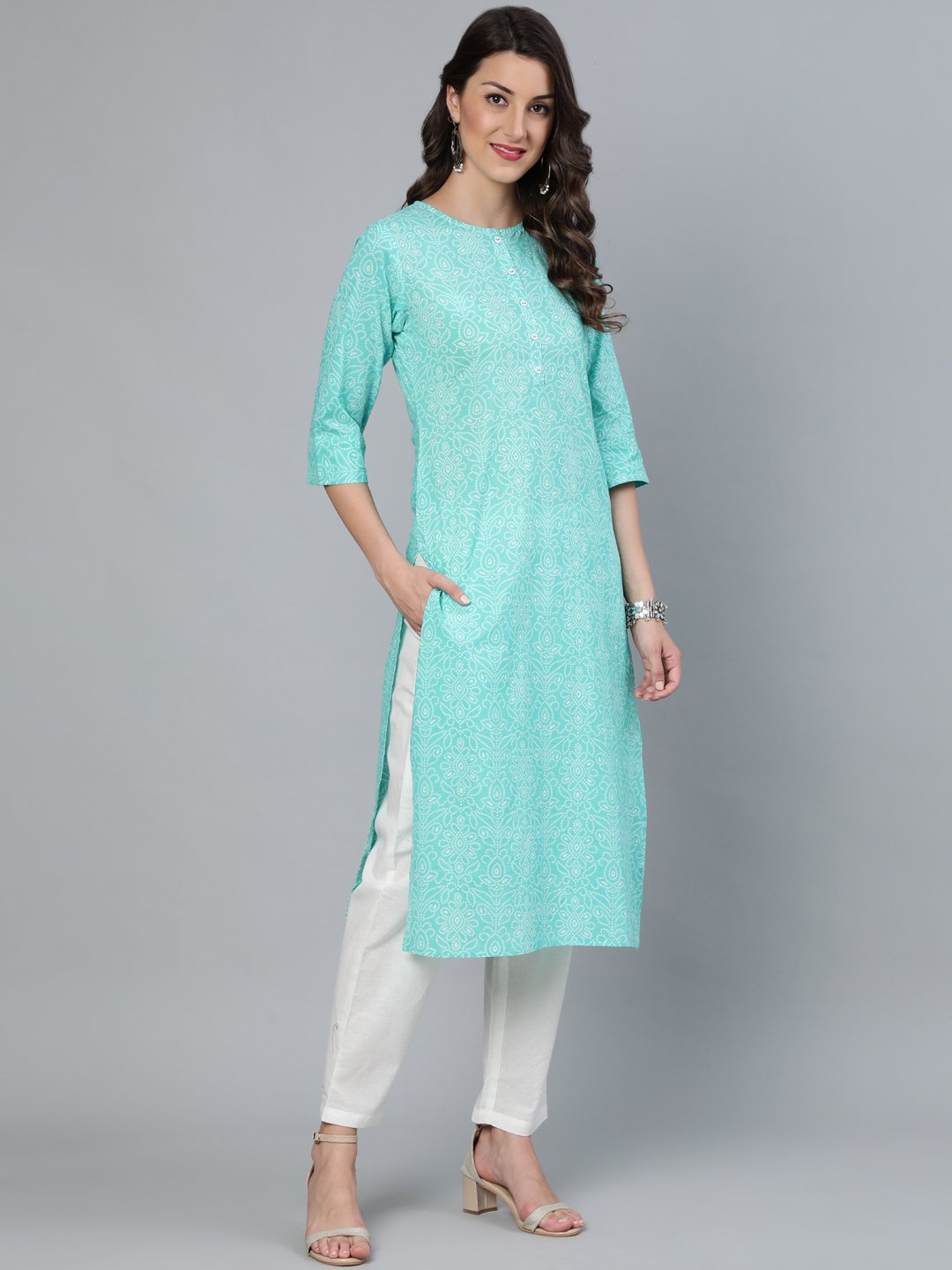 Women's Green Printed Straight Kurta Wiith Plazo & Dupatta