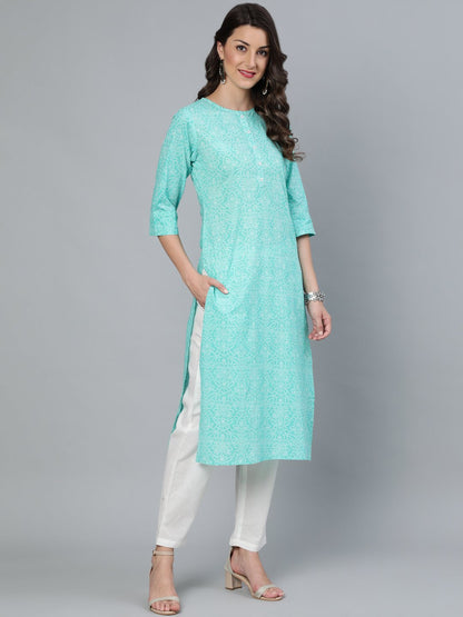 Women's Green Printed Straight Kurta Wiith Plazo & Dupatta