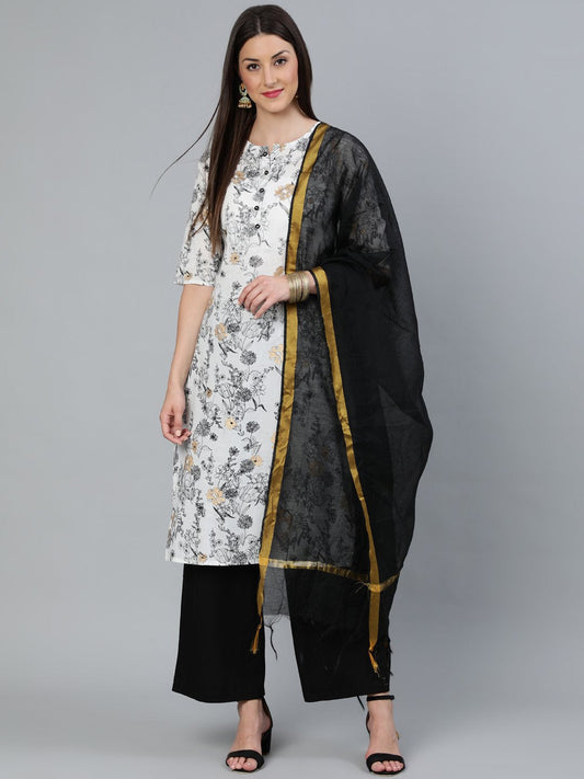 Women's Off-White & Black Printed Straight Kurta With Plazzo  & Dupatta