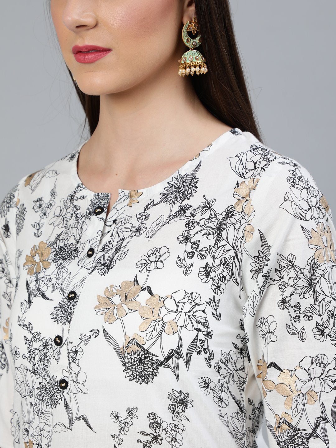 Women's Off-White & Black Printed Straight Kurta With Plazzo  & Dupatta