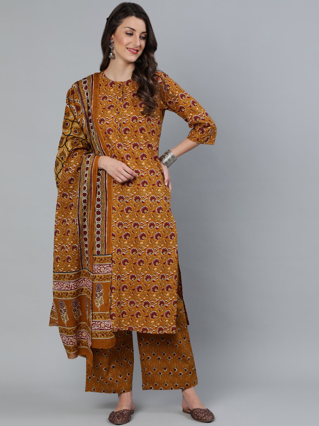 Women's Mustard & Maroon Printed Straight Kurta With Plazzo  & Dupatta