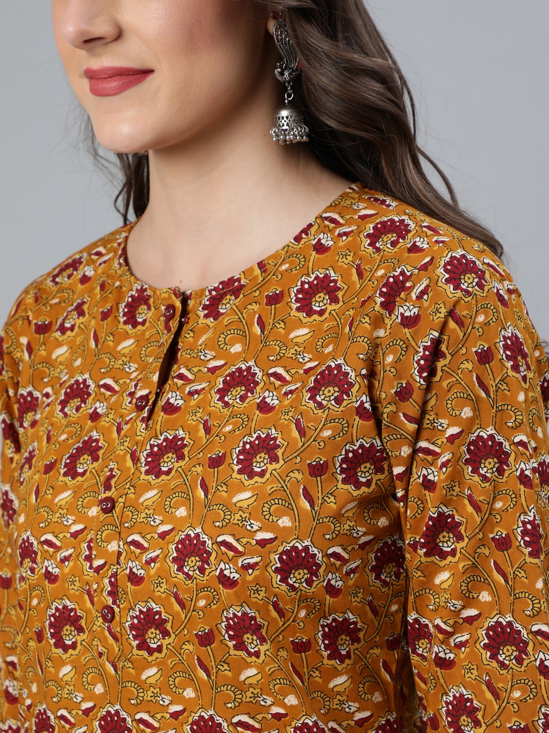 Women's Mustard & Maroon Printed Straight Kurta With Plazzo  & Dupatta