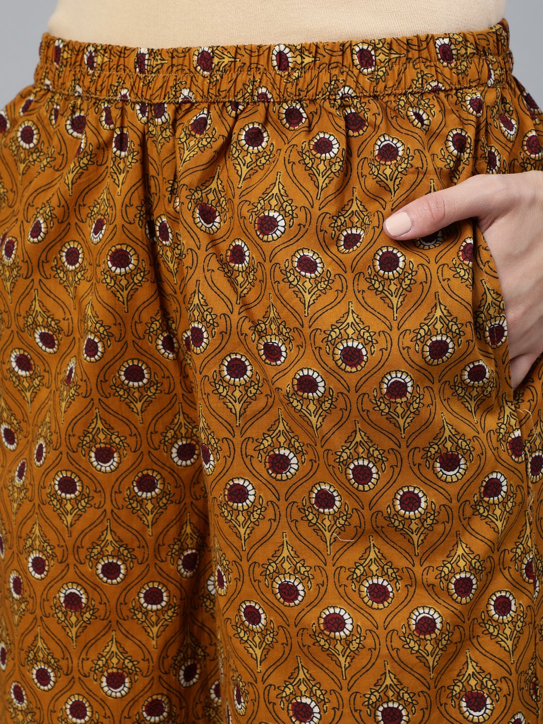 Women's Mustard & Maroon Printed Straight Kurta With Plazzo  & Dupatta