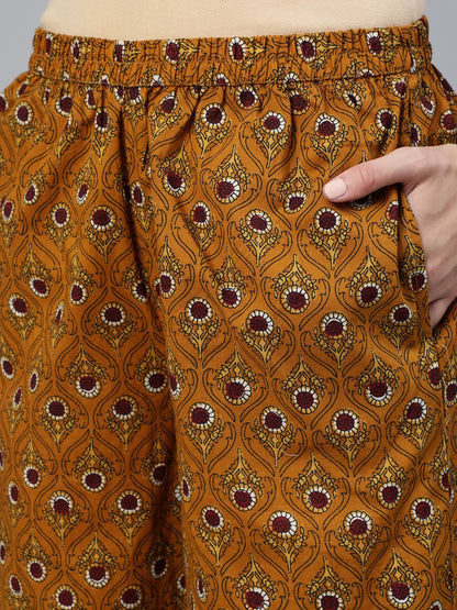 Women's Mustard & Maroon Printed Straight Kurta With Plazzo  & Dupatta