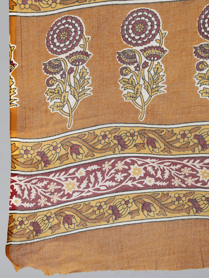 Women's Mustard & Maroon Printed Straight Kurta With Plazzo  & Dupatta