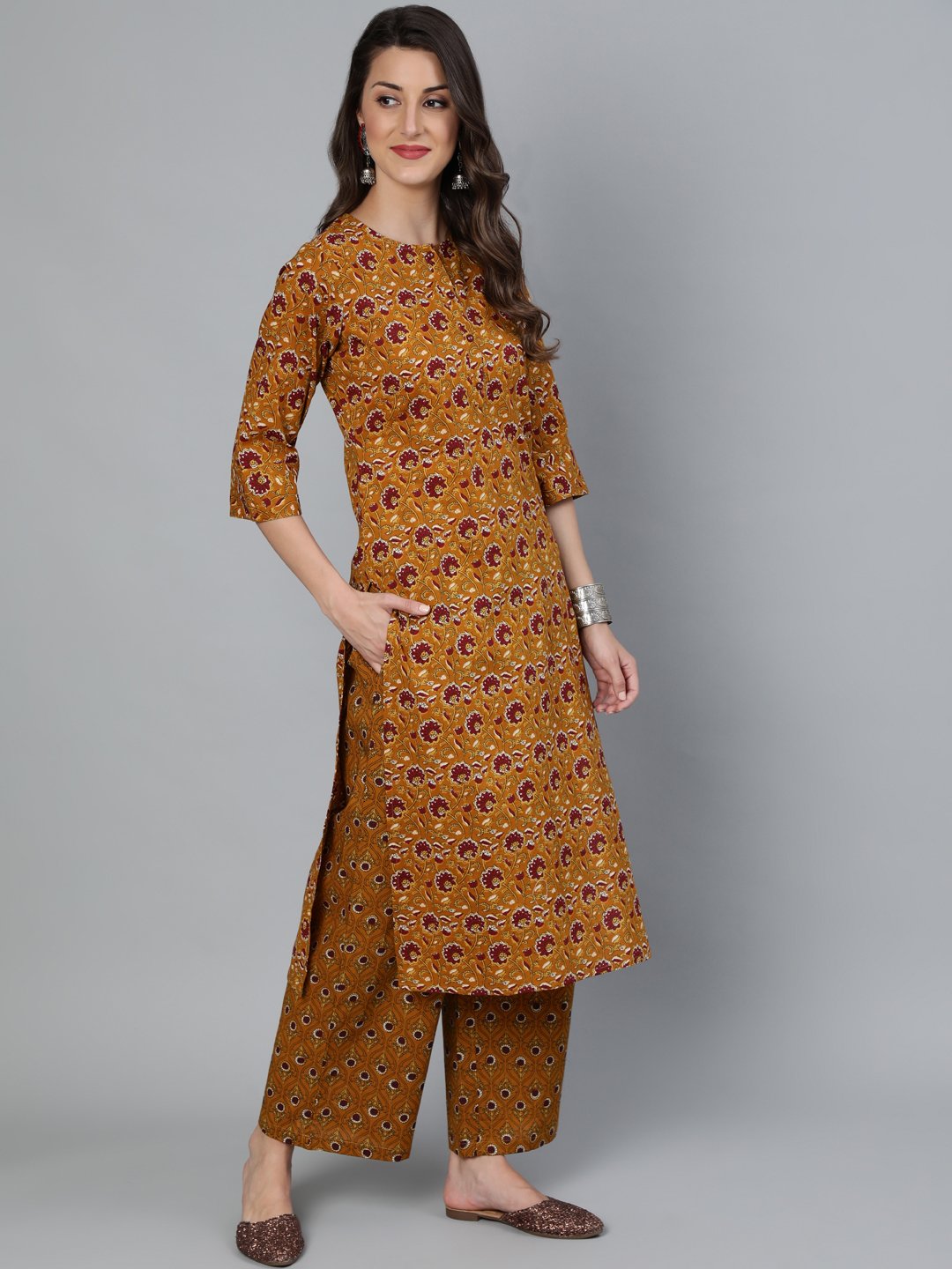 Women's Mustard & Maroon Printed Straight Kurta With Plazzo  & Dupatta