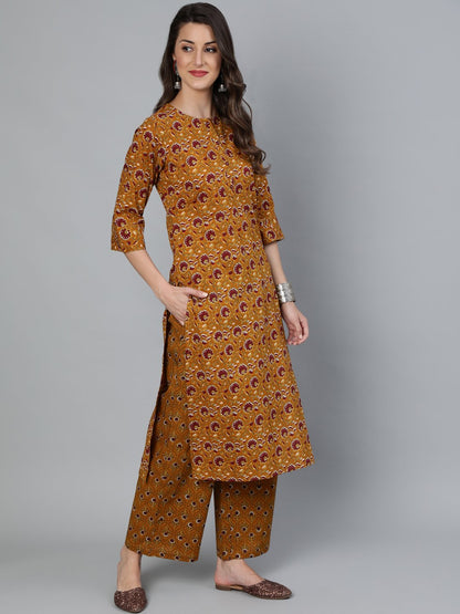 Women's Mustard & Maroon Printed Straight Kurta With Plazzo  & Dupatta
