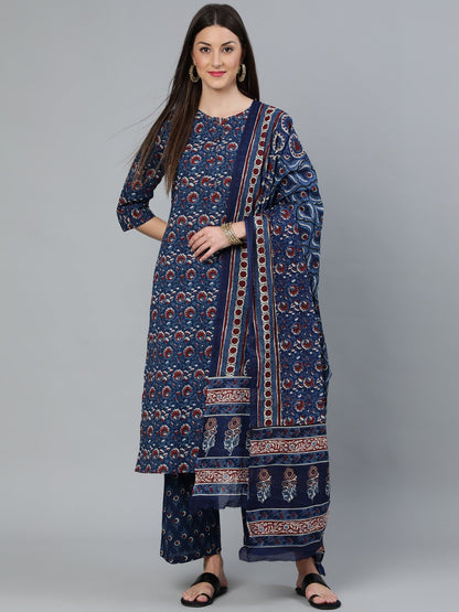 Women's Indigo Blue Printed Straight Kurta Wiith Plazo & Dupatta