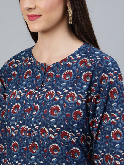 Women's Indigo Blue Printed Straight Kurta Wiith Plazo & Dupatta