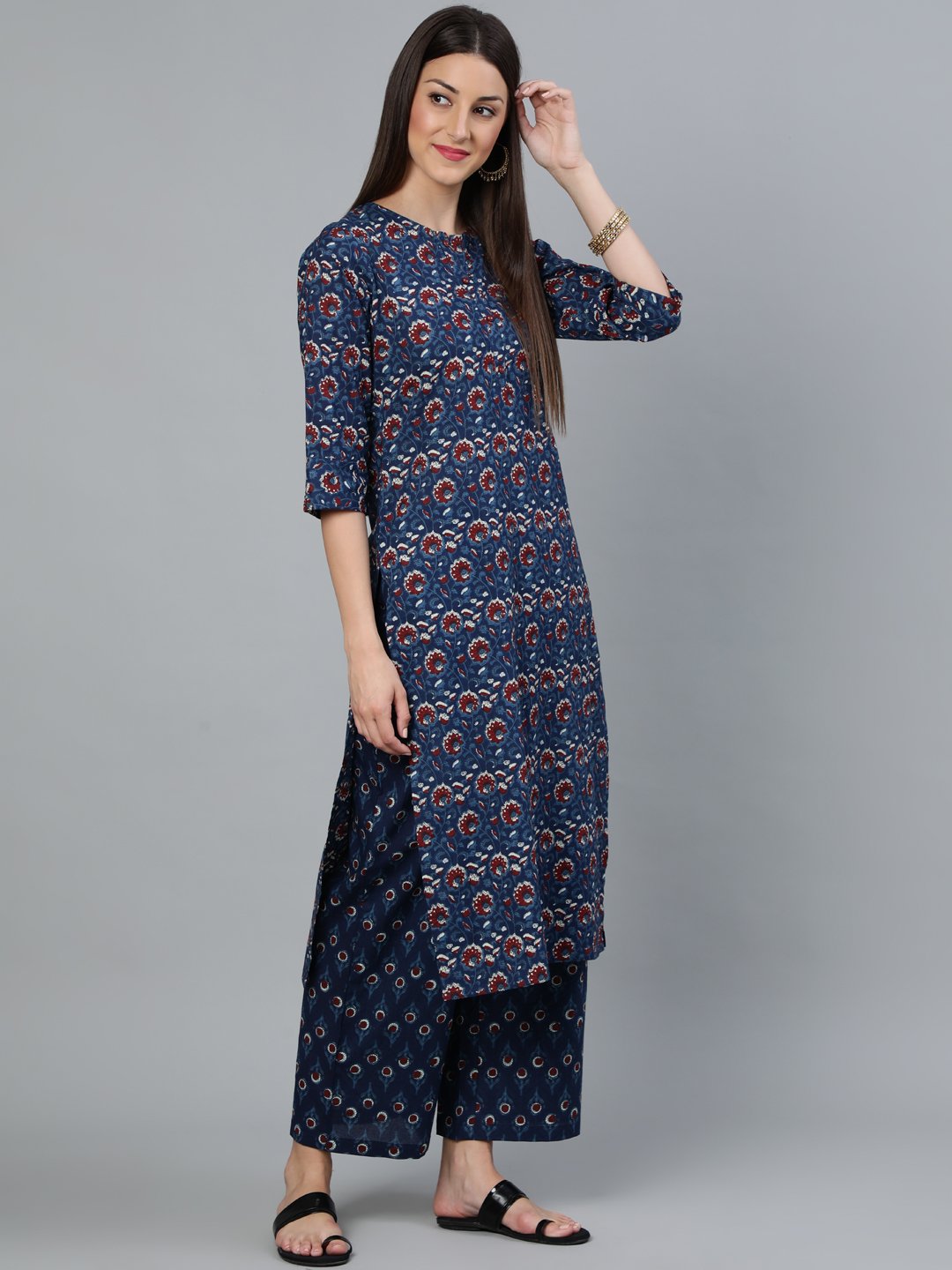 Women's Indigo Blue Printed Straight Kurta Wiith Plazo & Dupatta
