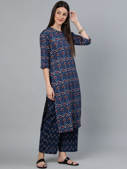 Women's Indigo Blue Printed Straight Kurta Wiith Plazo & Dupatta