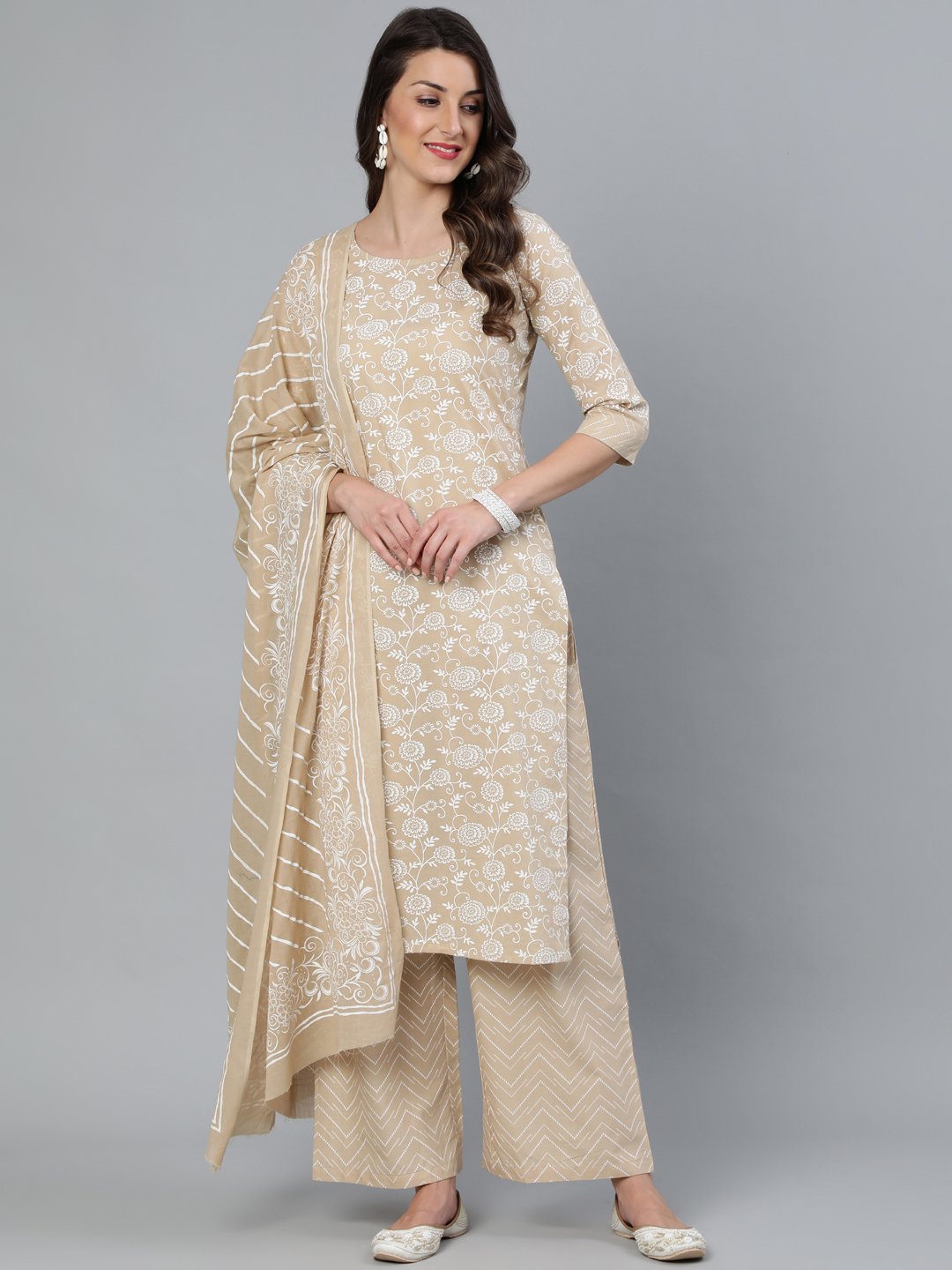 Women's Beige Floral Printed Straight Kurta With Plazo & Dupatta