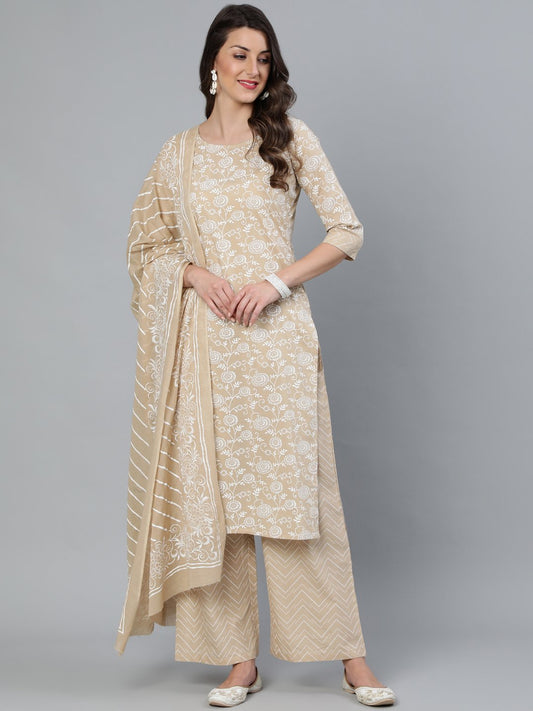 Women's Beige Floral Printed Straight Kurta With Plazo & Dupatta