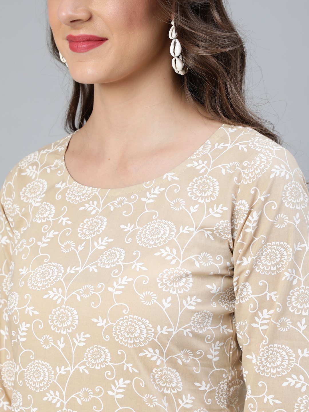 Women's Beige Floral Printed Straight Kurta With Plazo & Dupatta