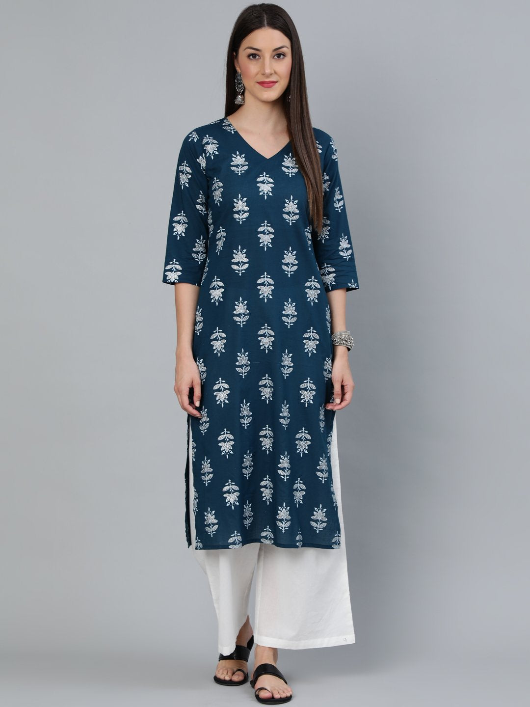Women's Teal Blue & Silver Printed Straight Kurta With Three Quarters Sleeves