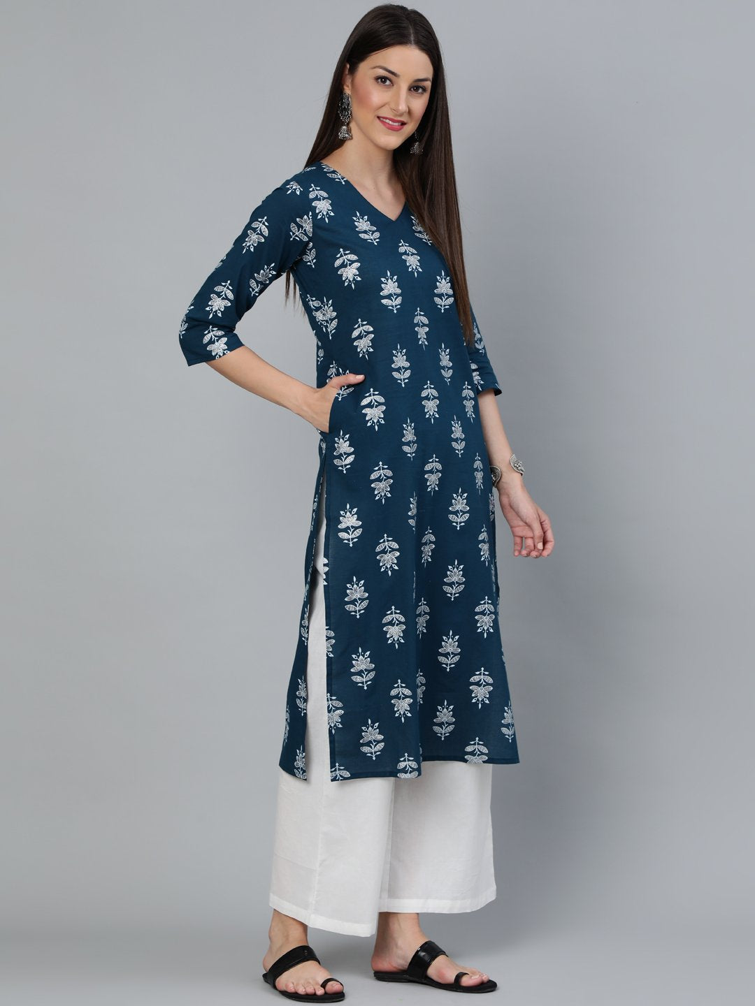 Women's Teal Blue & Silver Printed Straight Kurta With Three Quarters Sleeves