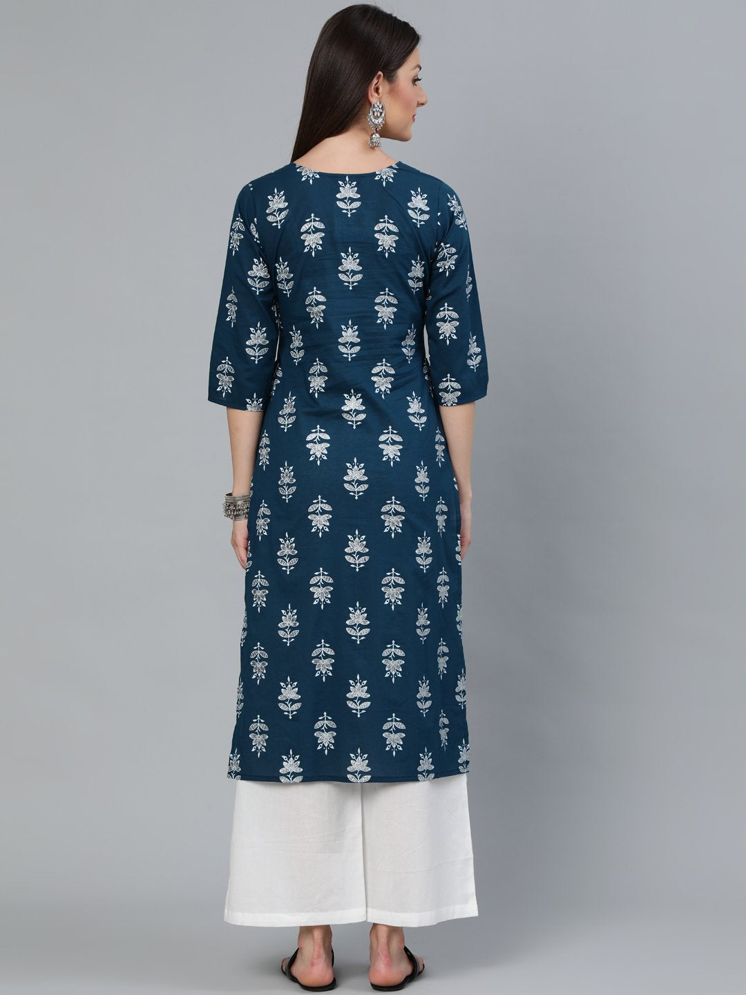 Women's Teal Blue & Silver Printed Straight Kurta With Three Quarters Sleeves