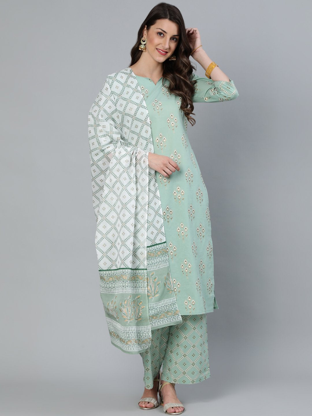 Women's Sage Green & Gold Printed Straight Kurta With Plazo & Dupatta