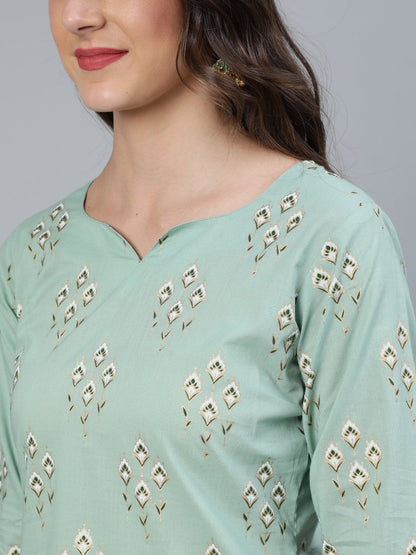 Women's Sage Green & Gold Printed Straight Kurta With Plazo & Dupatta