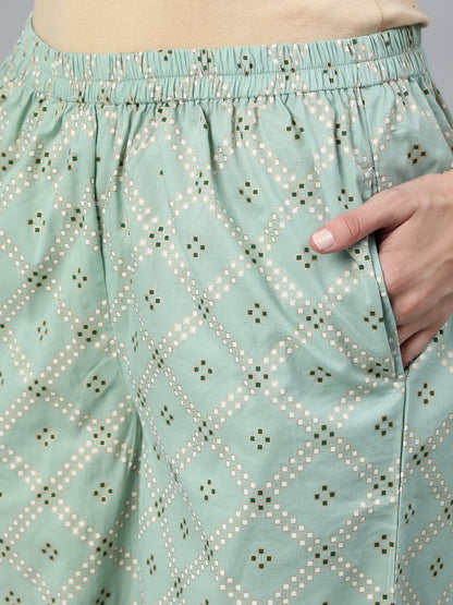 Women's Sage Green & Gold Printed Straight Kurta With Plazo & Dupatta
