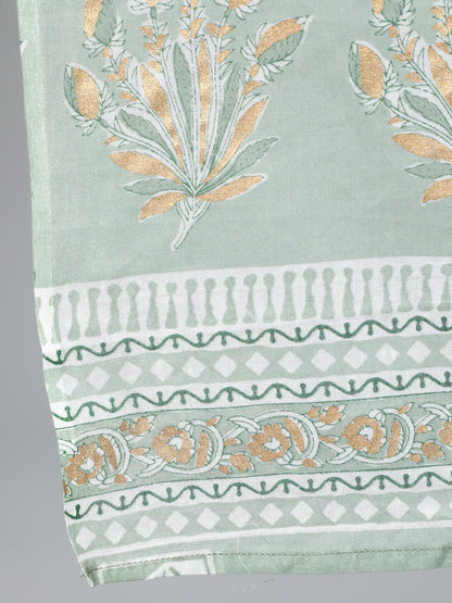 Women's Sage Green & Gold Printed Straight Kurta With Plazo & Dupatta