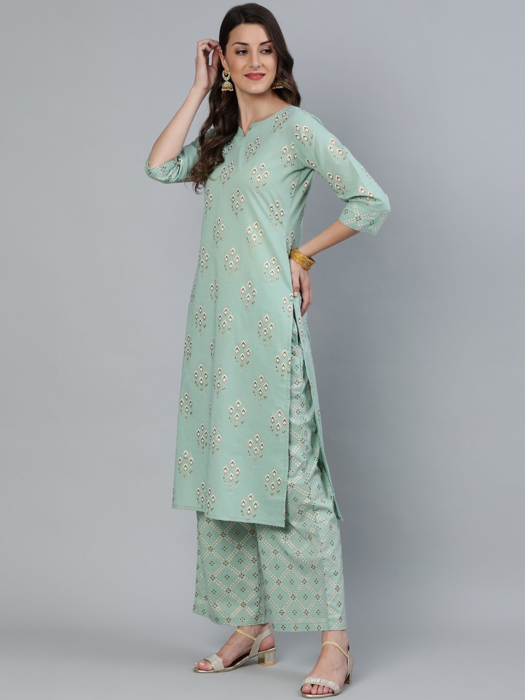 Women's Sage Green & Gold Printed Straight Kurta With Plazo & Dupatta
