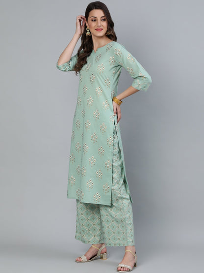 Women's Sage Green & Gold Printed Straight Kurta With Plazo & Dupatta