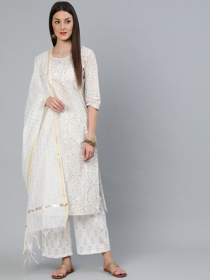 Women's Off-White & Gold Printed Straight Kurta With Plazzo  & Dupatta