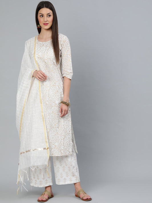 Women's Off-White & Gold Printed Straight Kurta With Plazzo  & Dupatta