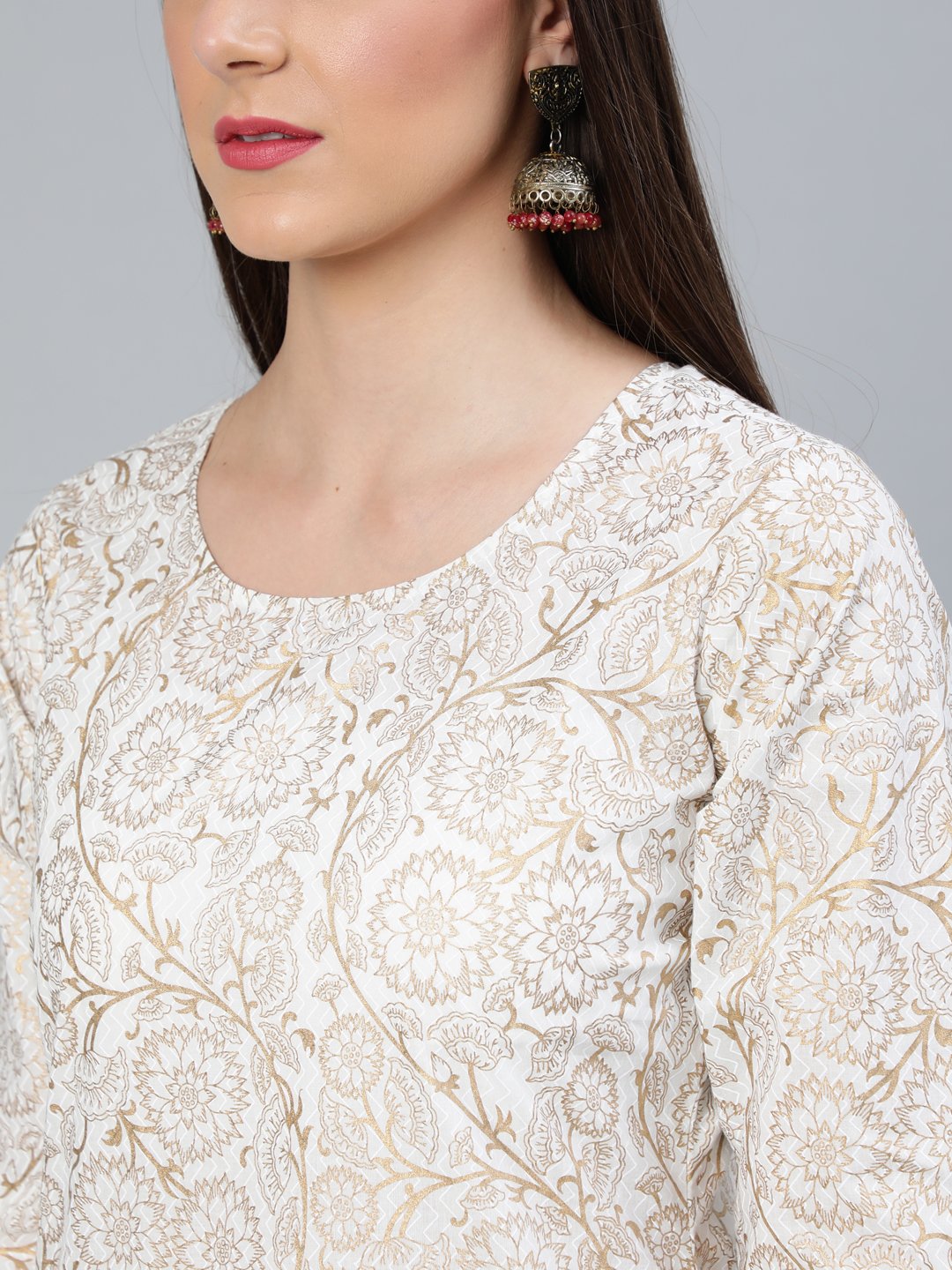Women's Off-White & Gold Printed Straight Kurta With Plazzo  & Dupatta