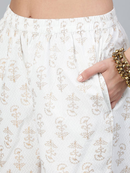 Women's Off-White & Gold Printed Straight Kurta With Plazzo  & Dupatta