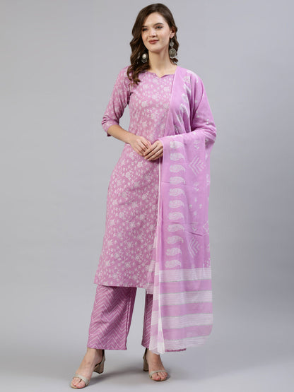 Women's Lavender & Silver Floral Printed Straight Kurta With Plazo & Dupatta