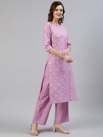 Women's Lavender & Silver Floral Printed Straight Kurta With Plazo & Dupatta
