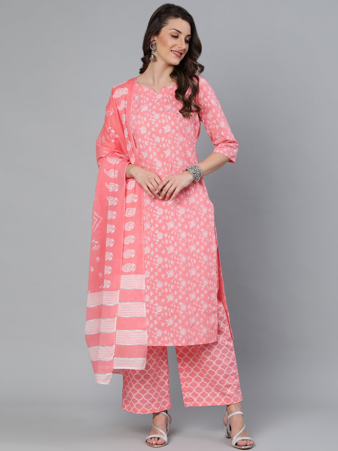 Women's Peach & Silver Printed Straight Kurta With Plazzo  & Dupatta