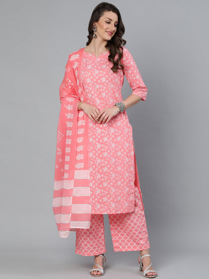 Women's Peach & Silver Printed Straight Kurta With Plazzo  & Dupatta