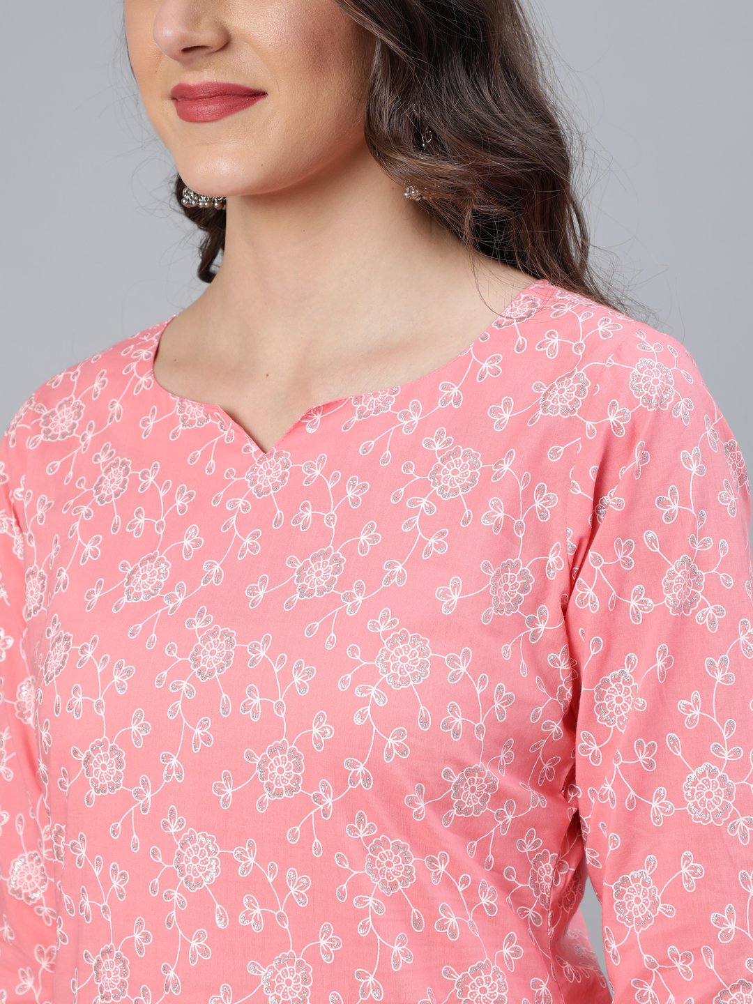 Women's Peach & Silver Printed Straight Kurta With Plazzo  & Dupatta