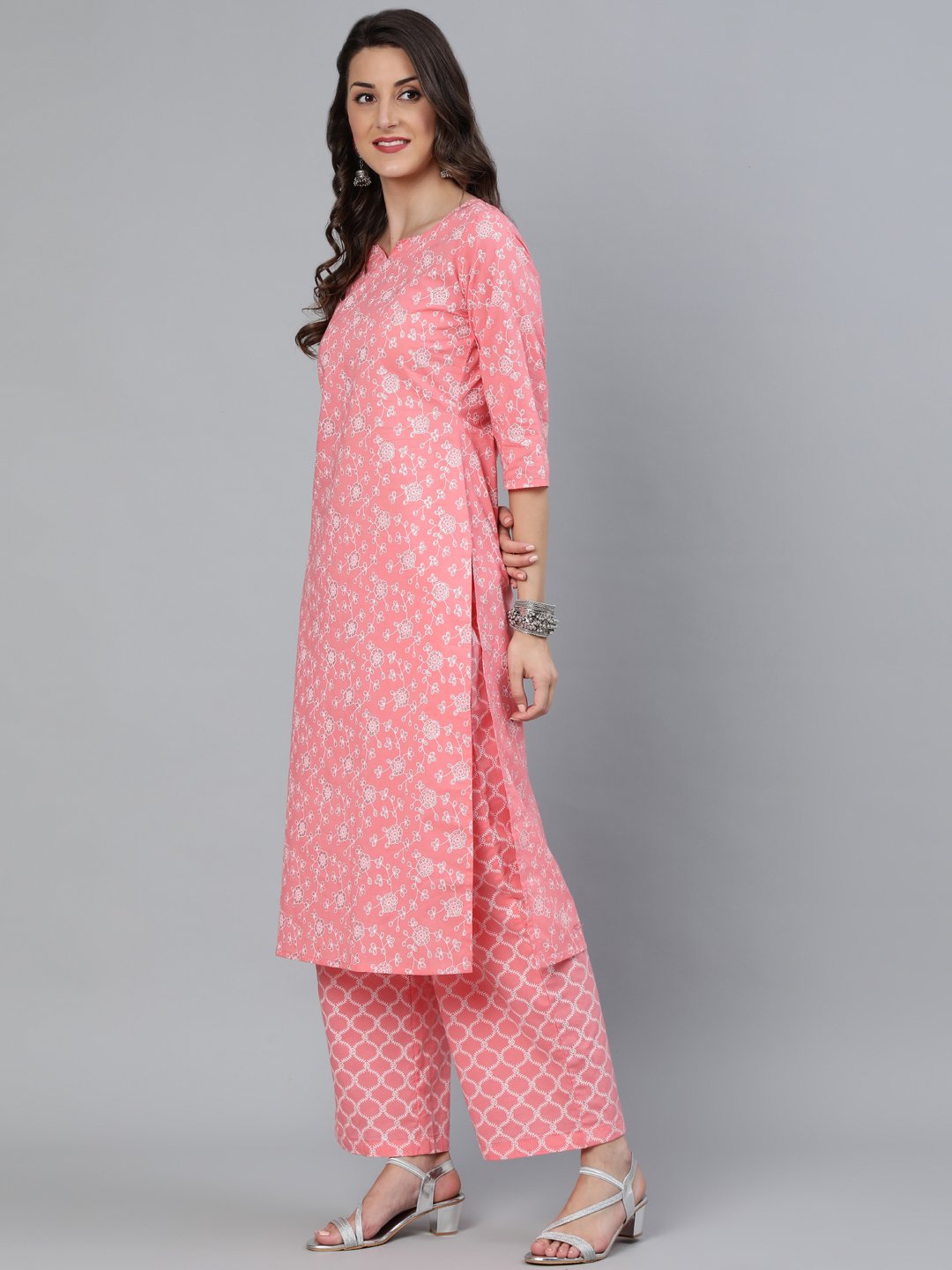 Women's Peach & Silver Printed Straight Kurta With Plazzo  & Dupatta