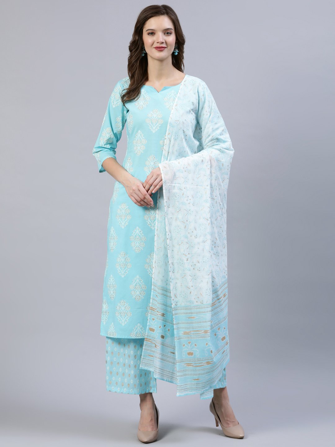 Women's Pastel Blue & Gold Printed Straight Kurta With Trouser  & Dupatta