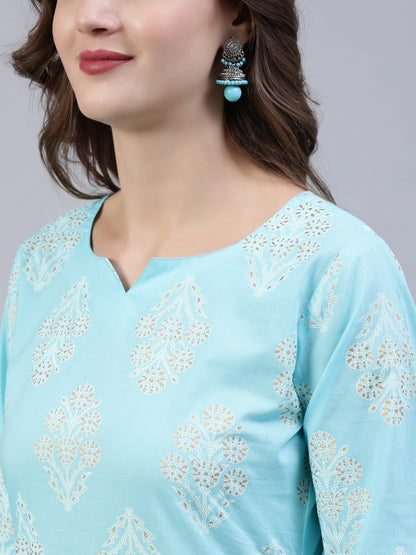 Women's Pastel Blue & Gold Printed Straight Kurta With Trouser  & Dupatta