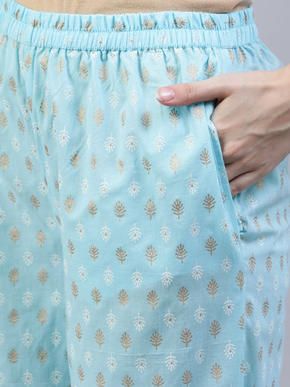 Women's Pastel Blue & Gold Printed Straight Kurta With Trouser  & Dupatta