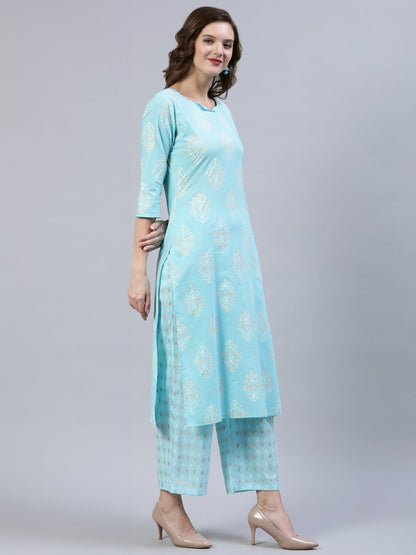 Women's Pastel Blue & Gold Printed Straight Kurta With Trouser  & Dupatta