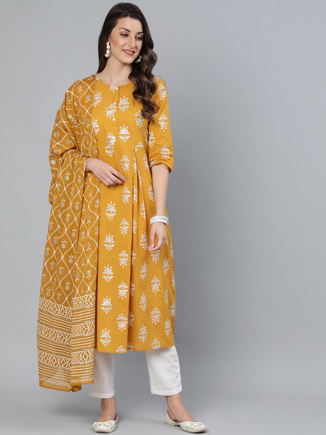 Women's Mustard & Silver Printed Box Pleated Kurta With Trouser  & Dupatta